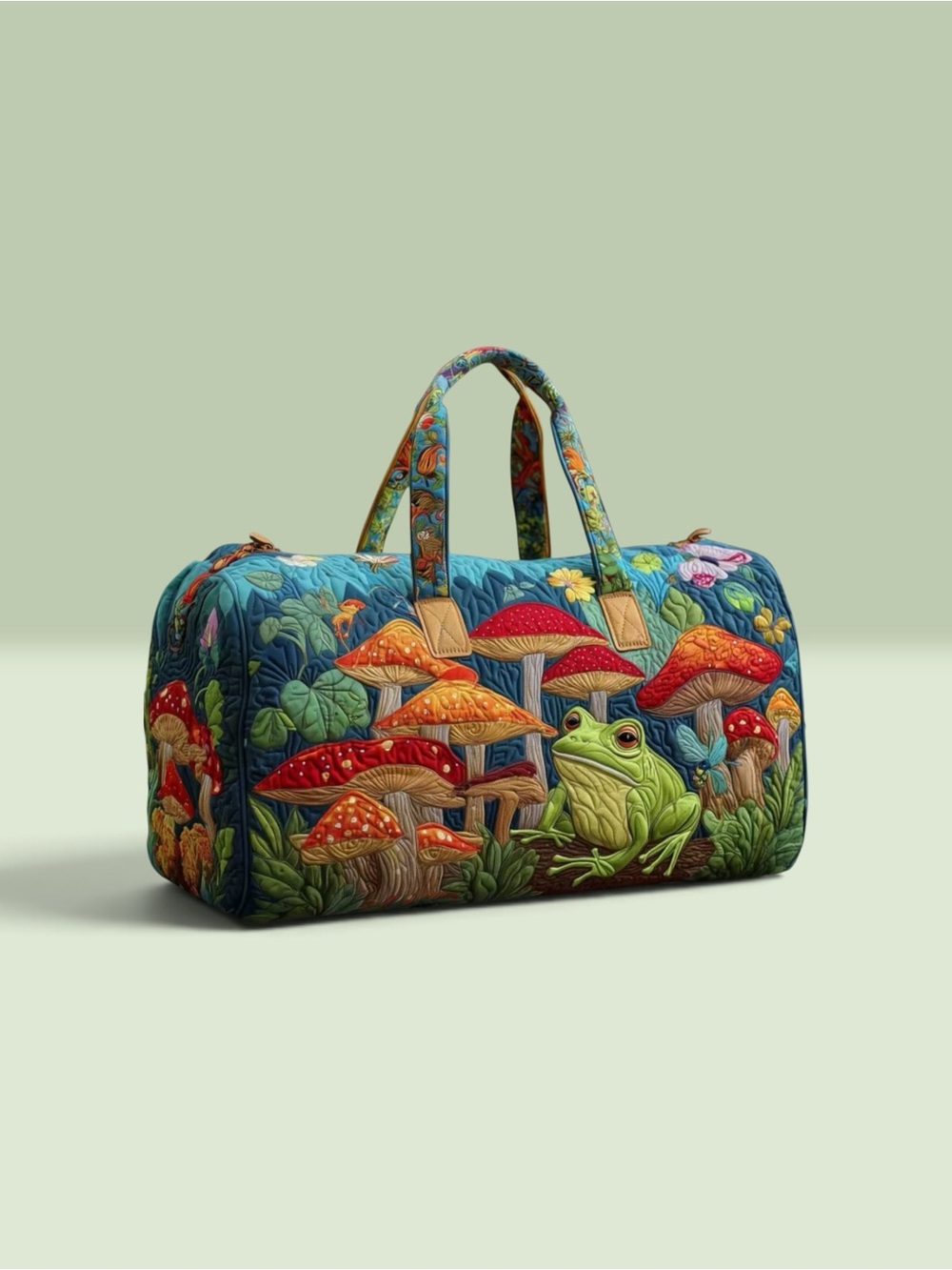 Boho Quilted Mushroom & Frog Weekender Duffle Bag Travel Tote - Picture 2 of 5